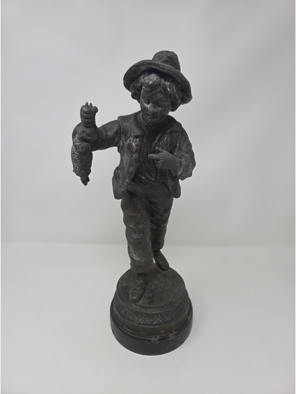Antique Cast Metal Boy Figurine Statue Holding Rabbit On Decorative Wooden Base